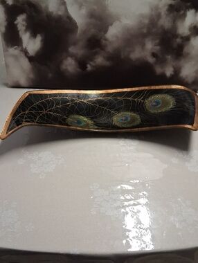 Source Unknown Black and Gold Glass Tray with Peacock Feather Motif